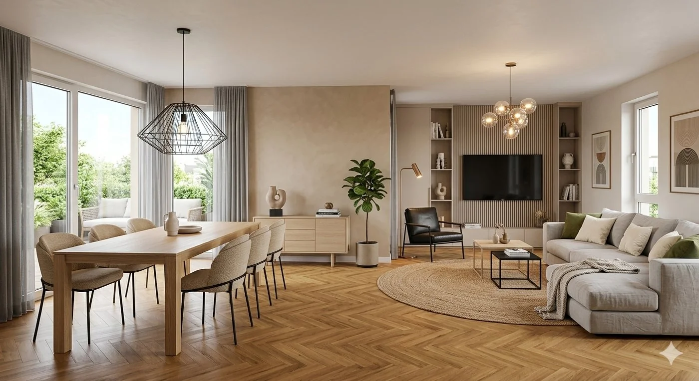 Wykończone wnętrze - salon z jadalnią