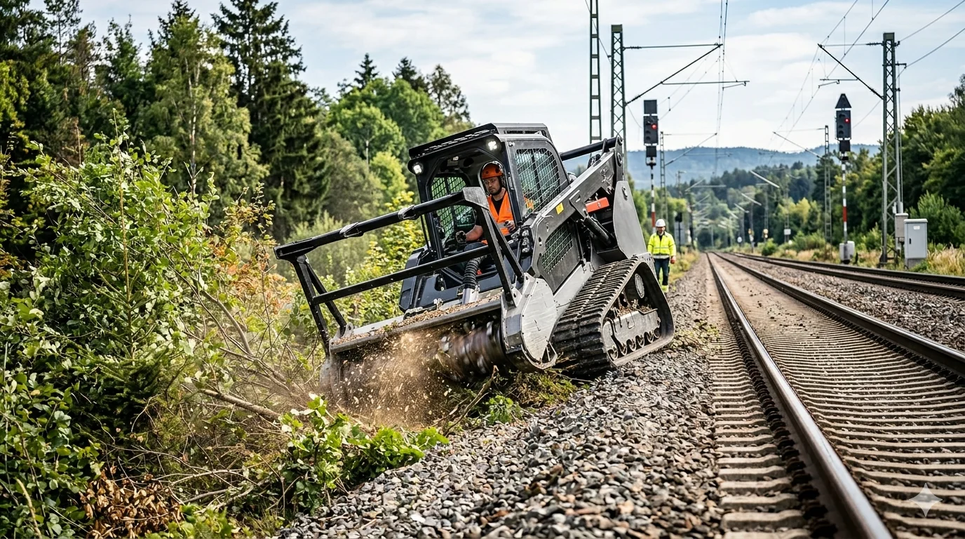 Ładowarka gąsienicowa Takeuchi TL12V-2 z mulczerem FAE przy torach kolejowych