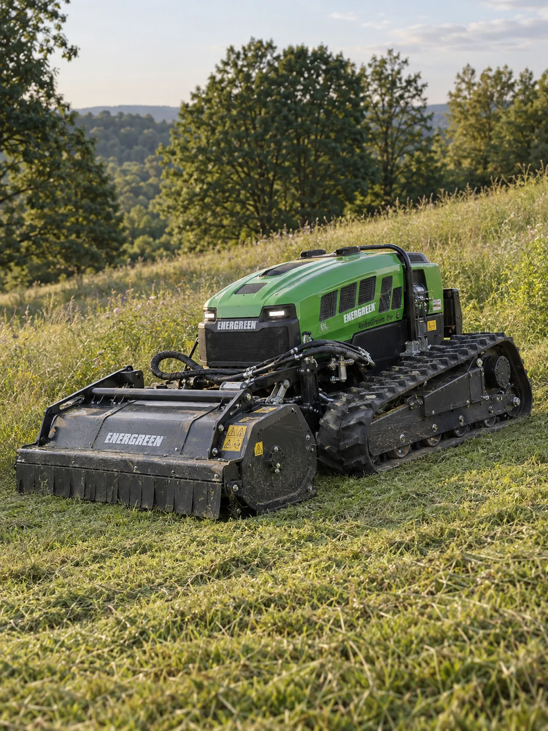 Zdalnie sterowana maszyna gąsienicowa z kosiarką bijakową na trawiastej skarpie